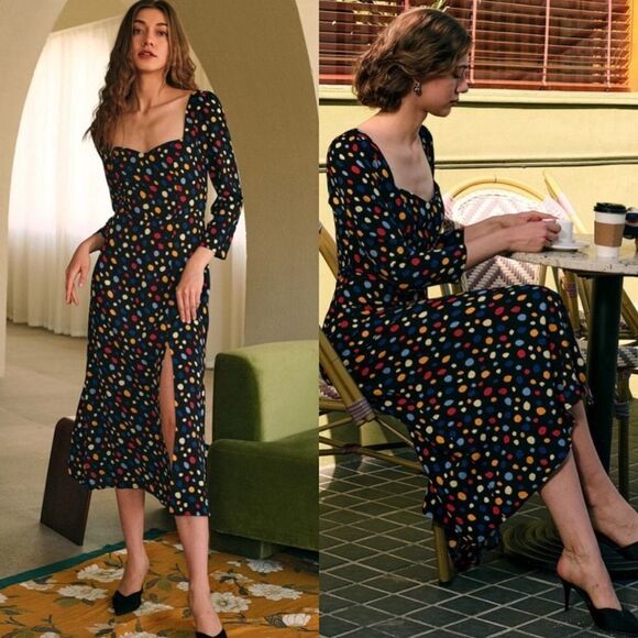 Reformation Mabille Black Polka Dot Midi Dress - Picture 1 of 7